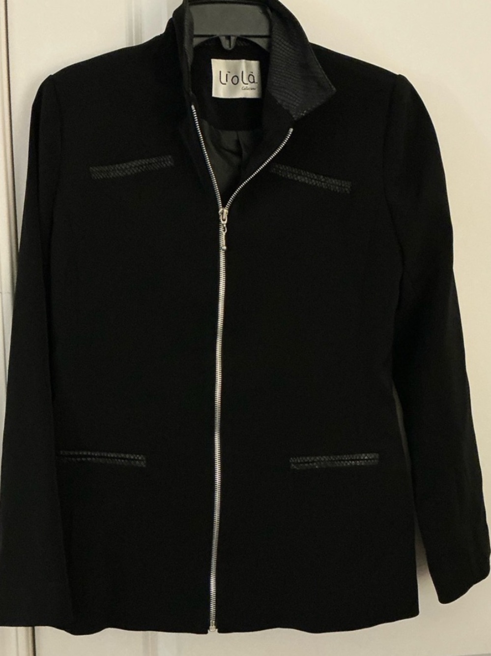 Liola Collezione Black Full Zip Blazer Jacket Faux Leather Trim Italy Size 8